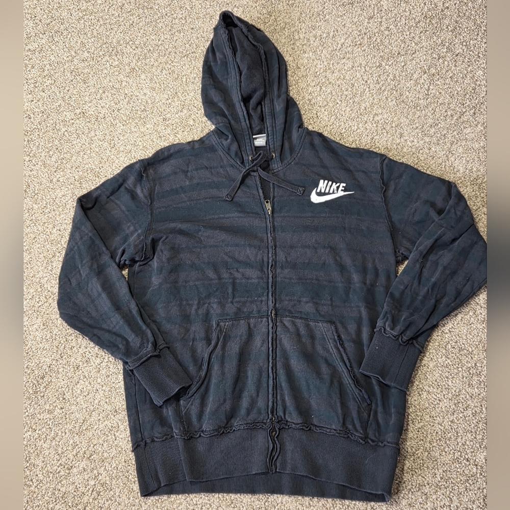 Nike Y2K Striped Hoodie Full Zip Skater‎ Black Dark Gray Sz LARGE